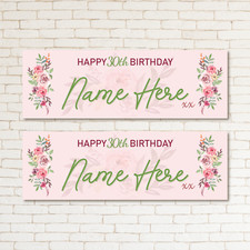 2 PERSONALISED 30th Birthday Banners Large SAGE FLOWERS ADD NAME & ANY AGE