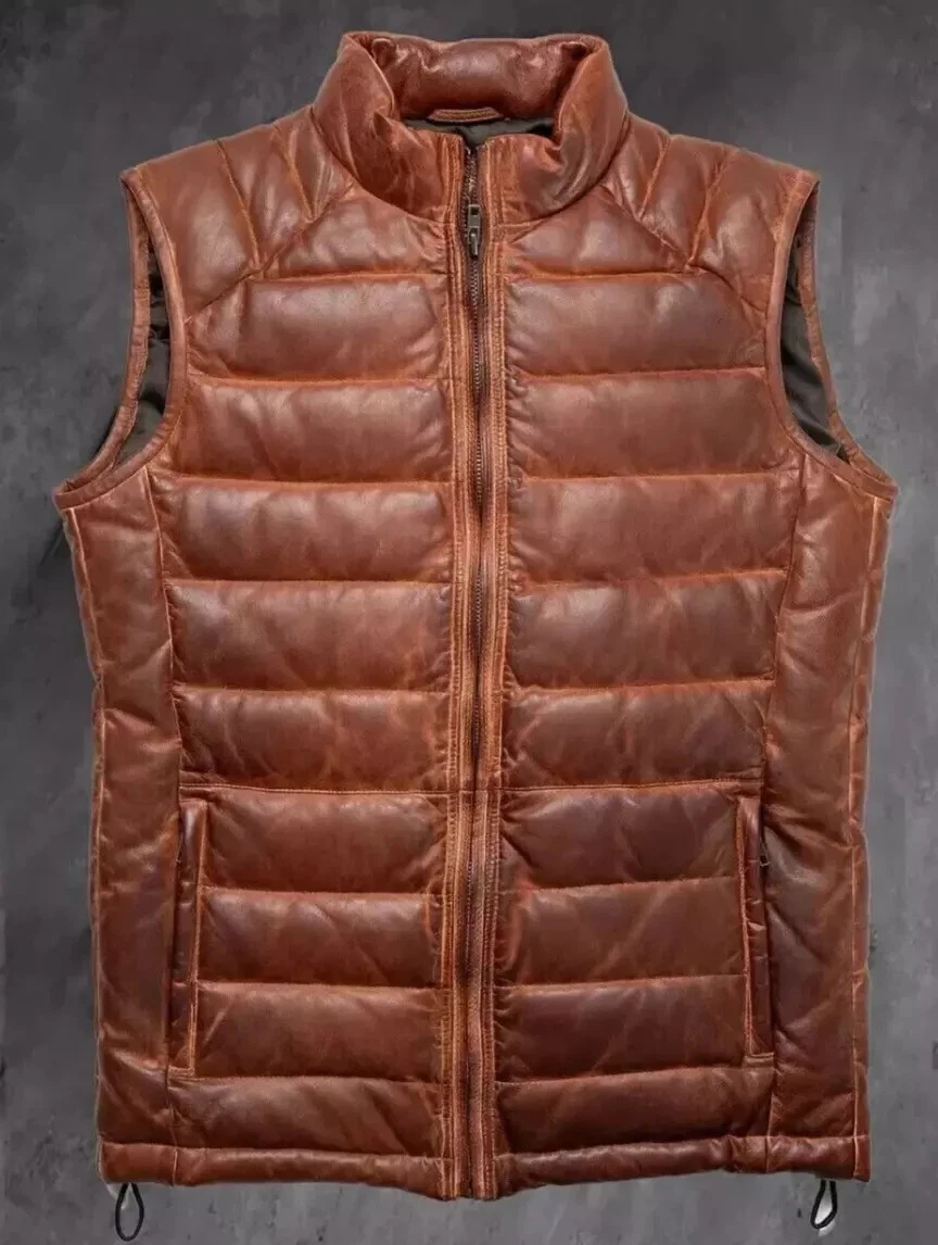 Men's Puffer Leather Vest Biker Style Real Sheep Sleeveless Quilted Down Jacket
