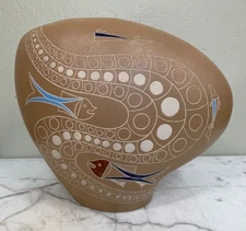 Abstract Studio Pottery Clay Vase with Fish