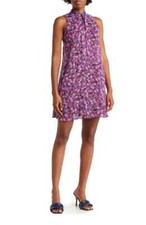Calvin Klein $119 Tie Neck Sleeveless Aubergine Floral Print Trapeze Dress NWT