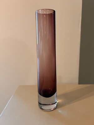 Blown Glass Amethyst Bud Vase, Purple, Unmarked, Clear Base. 9.25 Inches Tall.