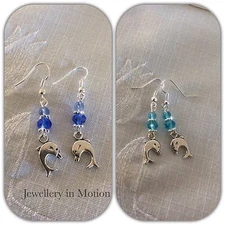 Earrings Silver Dolphin Dangle & Crystals~ Pierced or Clip-On your choice