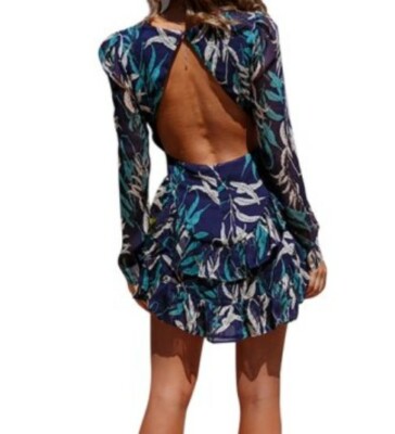 Women Summer Backless Dress Long Sleeve Floral Mini Navy Blue Size L | eBay  UK