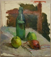 Ukrainian Soviet Oil Painting Still Life impressionism bottle apple 