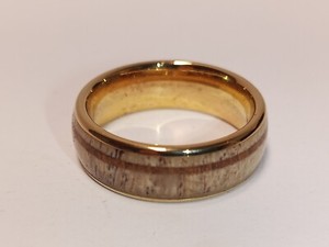 Authentic Manly Bands "THE IBEX" 14K Yellow Gold Plated Tungsten/Antler Mens Wedding Ring