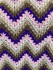 NEW HANDMADE crocheted afghan VStitch throw Pink Purple Tan Wh Brn Approx 60x40”