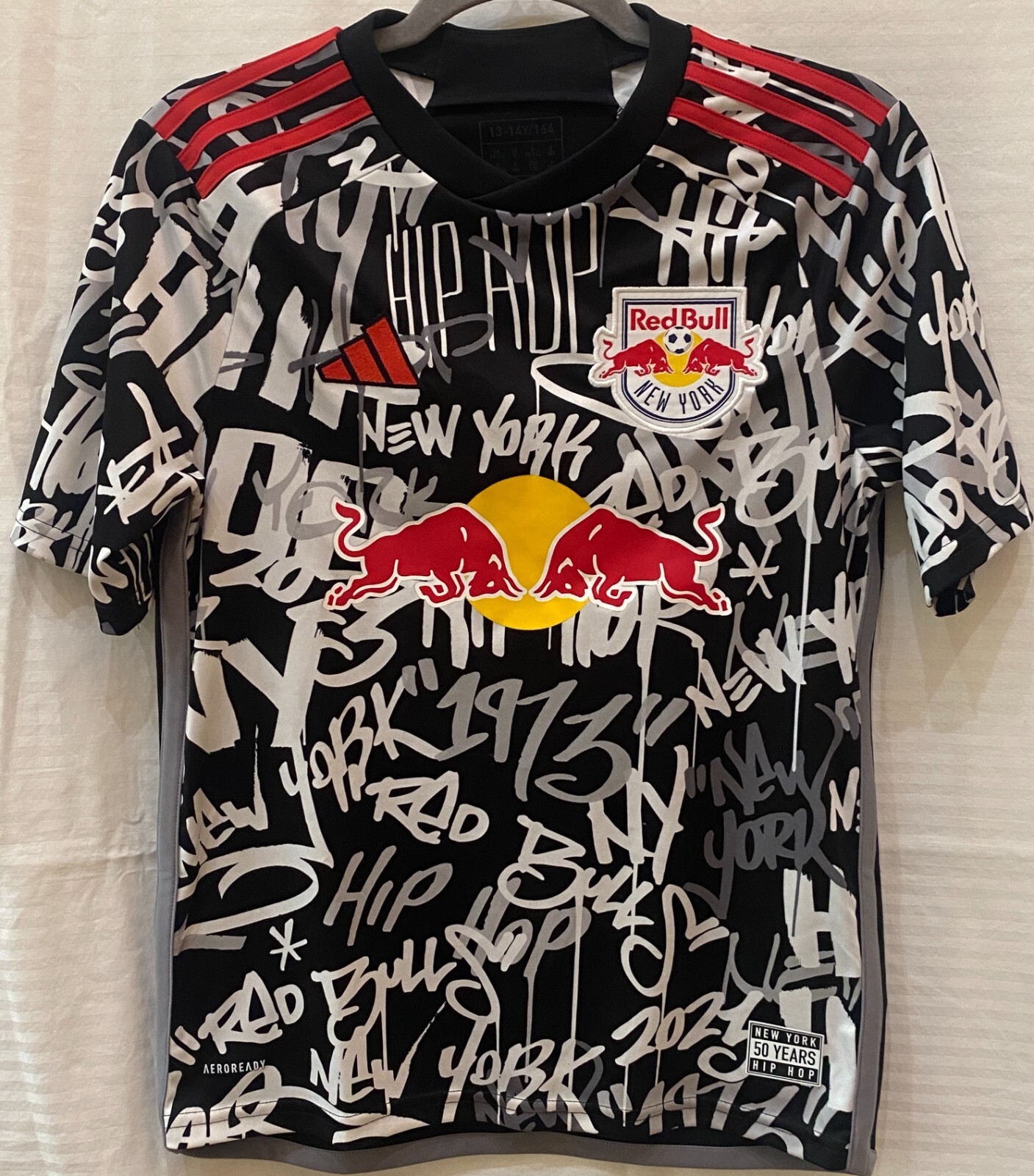 Adidas Jersey Boys Large (13-14Y) Black White Graphic MLS New York Red Bulls