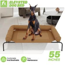 55" Elevated Cooling Dog Pet Bed Raised Camping Cot Washable Mesh Headrest Brown