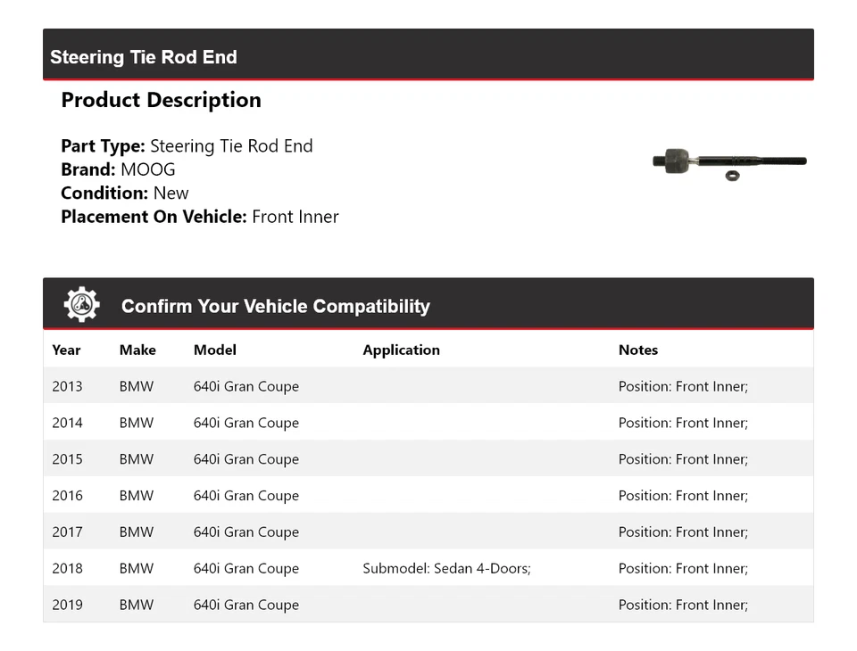 For 2013-2019 BMW 640i Gran Coupe Steering Tie Rod End Front Inner MOOG 2013 - Image 2 of 4