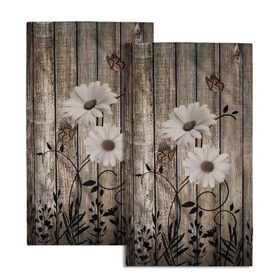 Retro Barn White Daisy Hand Towels Rustic Flower Butterfly Dark Brown Wooden ...
