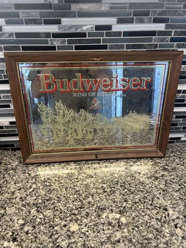 Bar Mirror Budweiser King of Beers Clydesdales Wagon 21 x 14 Vintage Framed