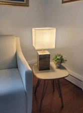  Industrial   Concrete Cube Table Lamp, Mahogany Base Brass Hardware & Shade
