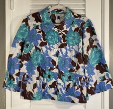 Kim Rogers Blazer Jacket Blue Floral Linen 3/4 Sleeves Pockets Women s Size L