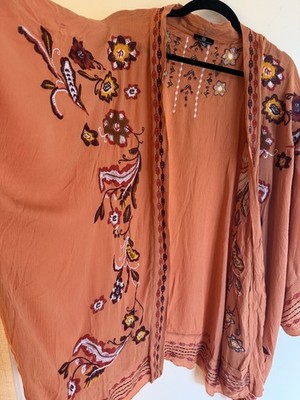 Curations Floral Embroidered Kimono Duster Coverup Womens 2X-3X rusty Boho Fest