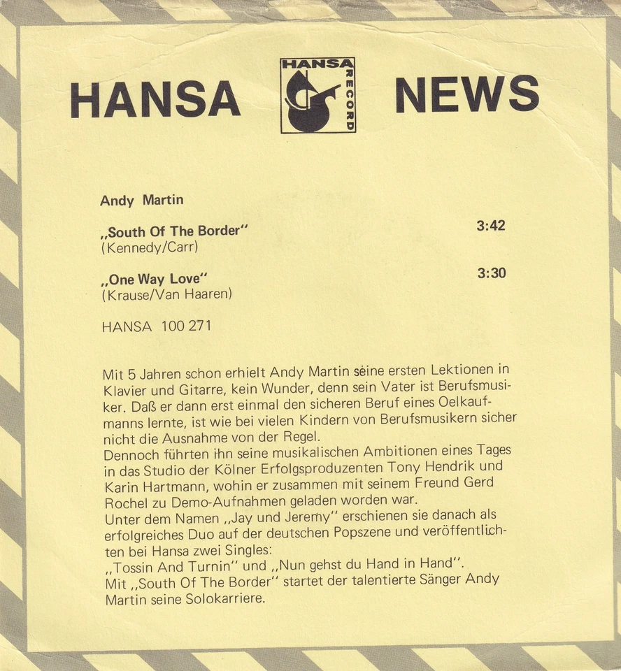 -1163- Andy Martin - South Of The Border - 7"-Vinyl-Single-vg++ Promo-Sheet - Bild 3 von 3