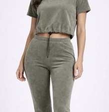 Sage Green Velvour Hoodie Crop Top Leggings Set Co Ord Tracksuit Size M 10 12