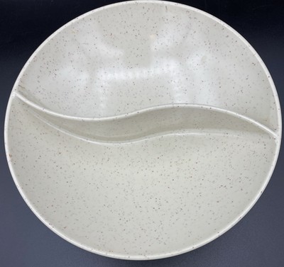 Vintage MCM Holiday by Kenro Melamine Divided Serving Bowl 9'' White & Red Specks