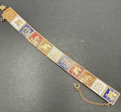 Vintage Crest Lion Shield Heraldic Bracelet Gold Tone 7.5  J28