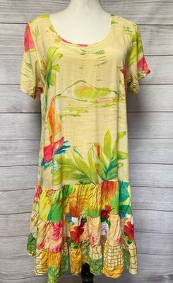 Jams World Hattie Dress L Lagoon Floral Tropical Boat Print Short Sleeve