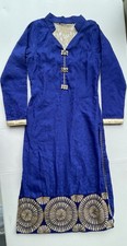 Royal Blue Indian Kurta Tunic Dress Gold Embroidery Ethnic Long Sleeve S