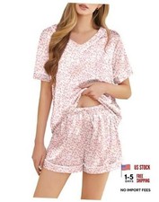 Silk Pajamas for Women Short Sleeve Satin 2 Piece Pj Set Medium Leopard Pink