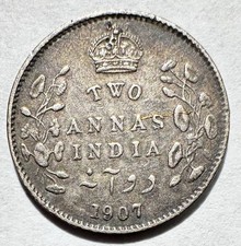 1907 British India 2 Annas, Silver VF