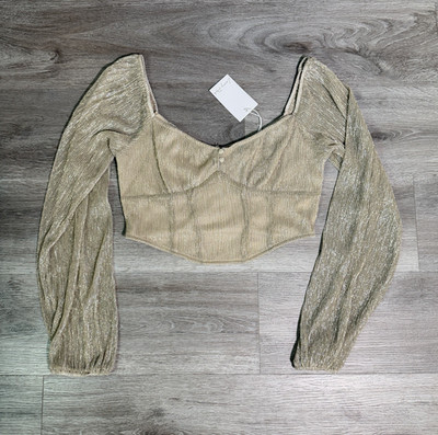Emory Park Women s Gold Knit Cropped Square Neck Puff Sleeve Blouse L