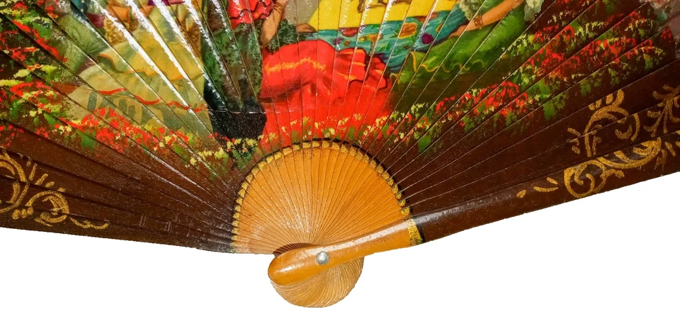 Ventilador de mão dobrável flamenco espanhol vintage tecido de madeira pintado à mão Espanha - Imagem 2 de 4