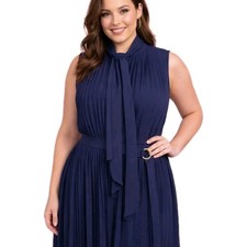 MICHAEL KORS Size 12 Accordion Pleated Navy Chiffon Sleeveless Belted Midi Dress