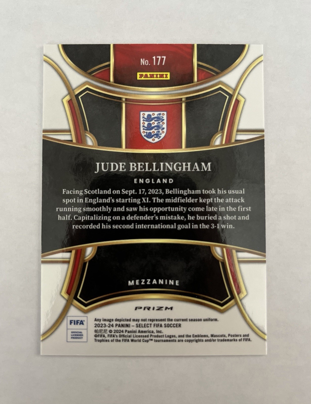 2023 Panini Select FIFA Jude Bellingham #177 White Sparkle Prizm SSP Color Match view 2