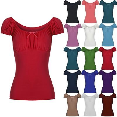 New Ladies Boho Ruched Off Shoulder Tie Gypsy Bow Knot Tee Shirt Vest Top 8-22 