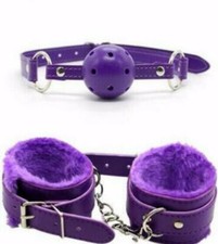 Purple Bondage Cosplay Set Faux Leather  Soft Fur Handcuffs with Ball Gag BDSM
