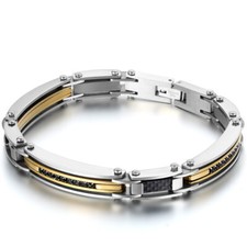 Silver Gold Two Tone Stainless Steel Men's Link Bracelet Wristband Cuff Bangle