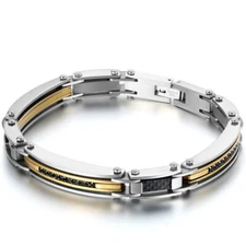 Silver Gold Two Tone Stainless Steel Men's Link Bracelet Wristband Cuff Bangle