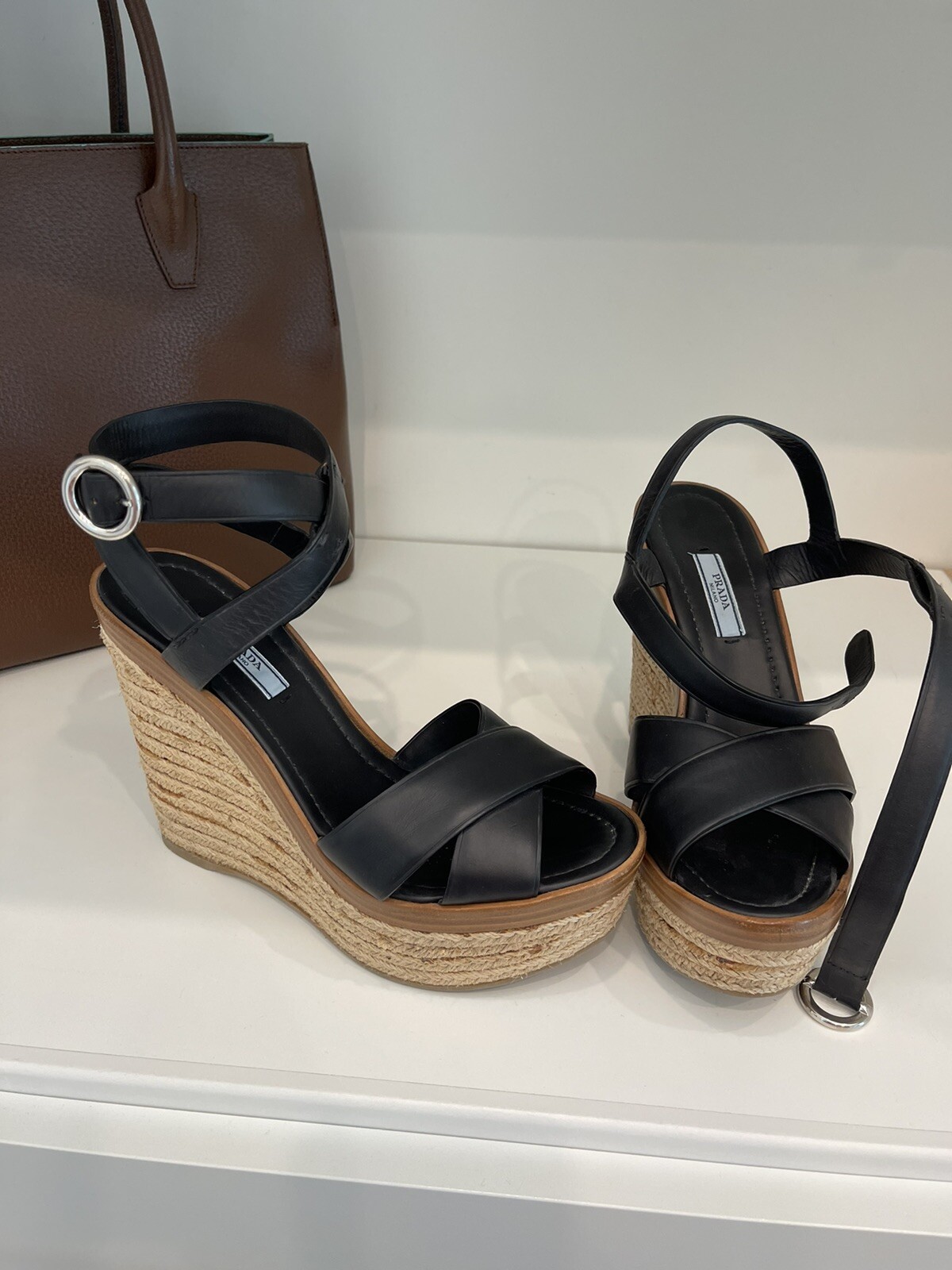 PRADA Black Crisscross Ankle-Strap Platform Espadrilles Wedge Sandals Size 9 image 2