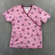 SB Scrub Top Women  s Small Pink Butterfly Print Nursing Medical Vet Xray Pockets