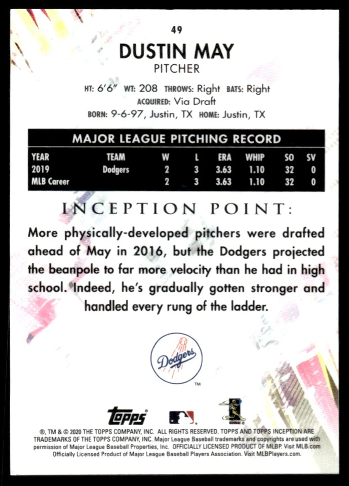 2020 Topps Inception GREEN ROOKIE Dustin May Rookie Los Angeles Dodgers #49 R28 - Image 2 of 2