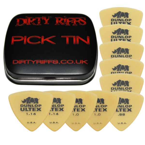 10 x Dunlop Ultex Triangle Guitar Picks / Plectrums - 2 Of Each In A Pick Tin