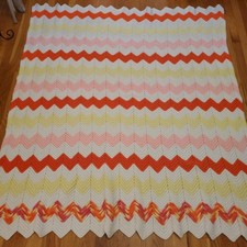Hand Crochet Afghan Blanket Pink White Orange Yellow Chevron ZigZag Retro 68x58