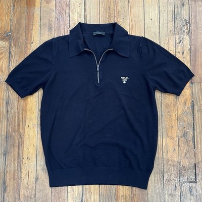 Men s Prada Navy Blue Zip-Up Polo Shirt L Short Sleeve Superfine Cotton