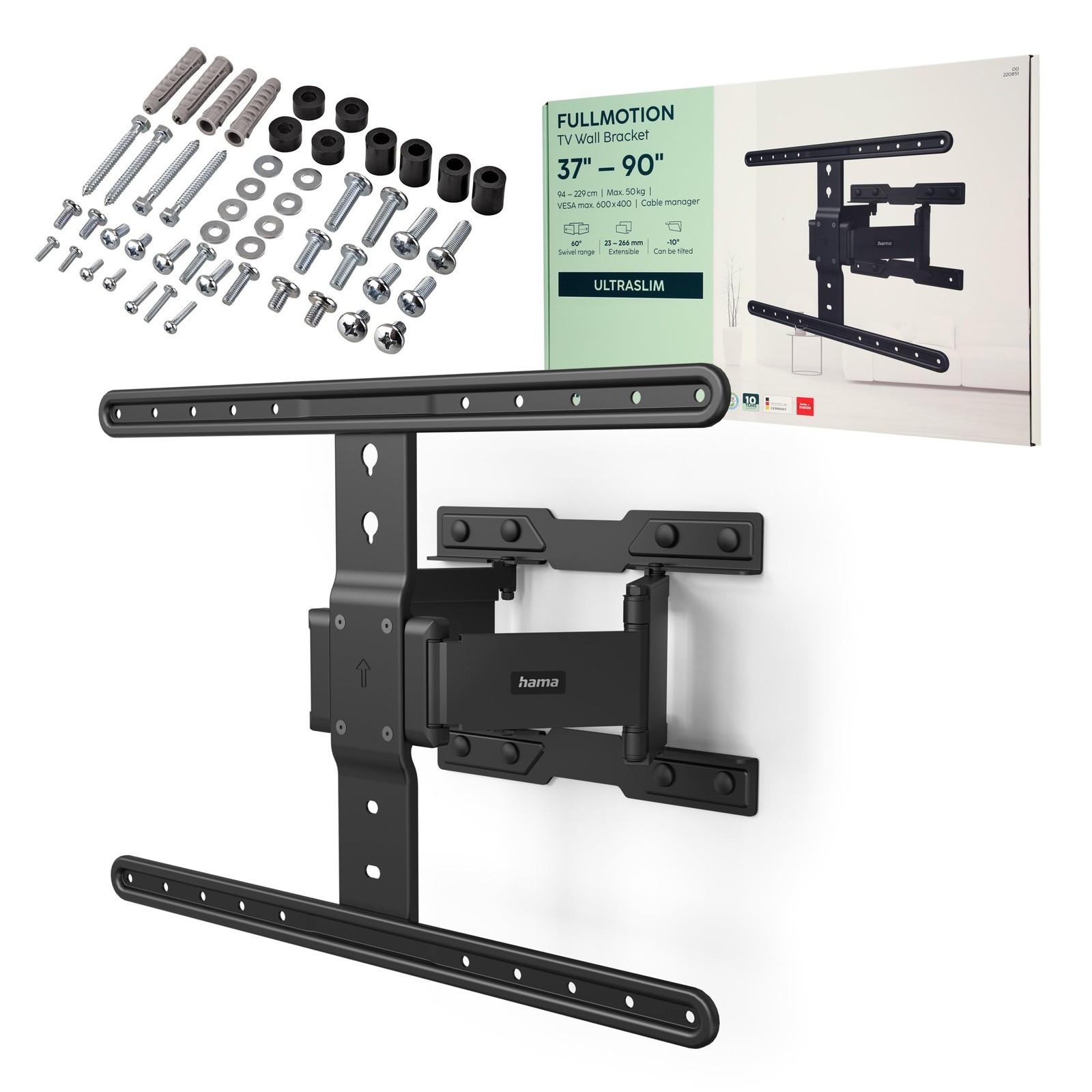 Hama FULLMOTION Ultraslim TV Wall Mount 600x400 VESA 90in 50kg Tilt Black