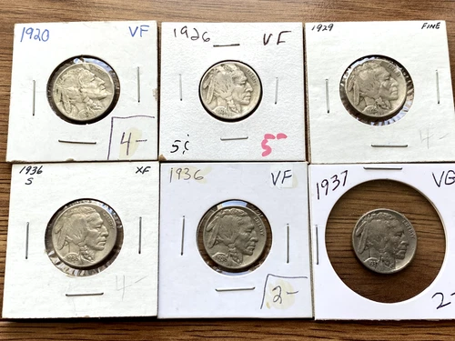 1920, 1926, 1929, 1936, 1936s, 1937 Indian Head or Buffalo Nickels