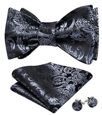Bow Ties for Men Paisley Self Tie Bowtie Pocket Square Cufflinks Black Grey a