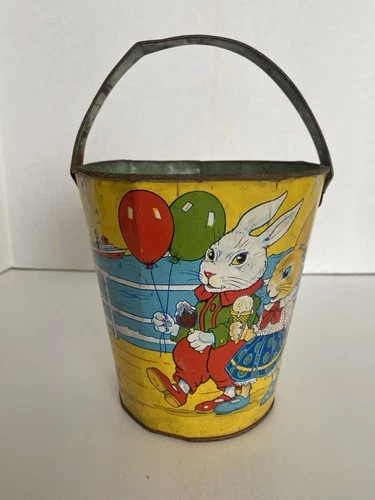 Vintage J. Chein Tin Litho Sand Pail, On The Boardwalk