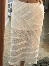 White Cotton Lace Midi A-Line Skirt with Ruffle Accents, Elastic Waist