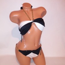 Victoria Secret Swim Bikini Medium Top  Bottom Black White Colorblock Chain New