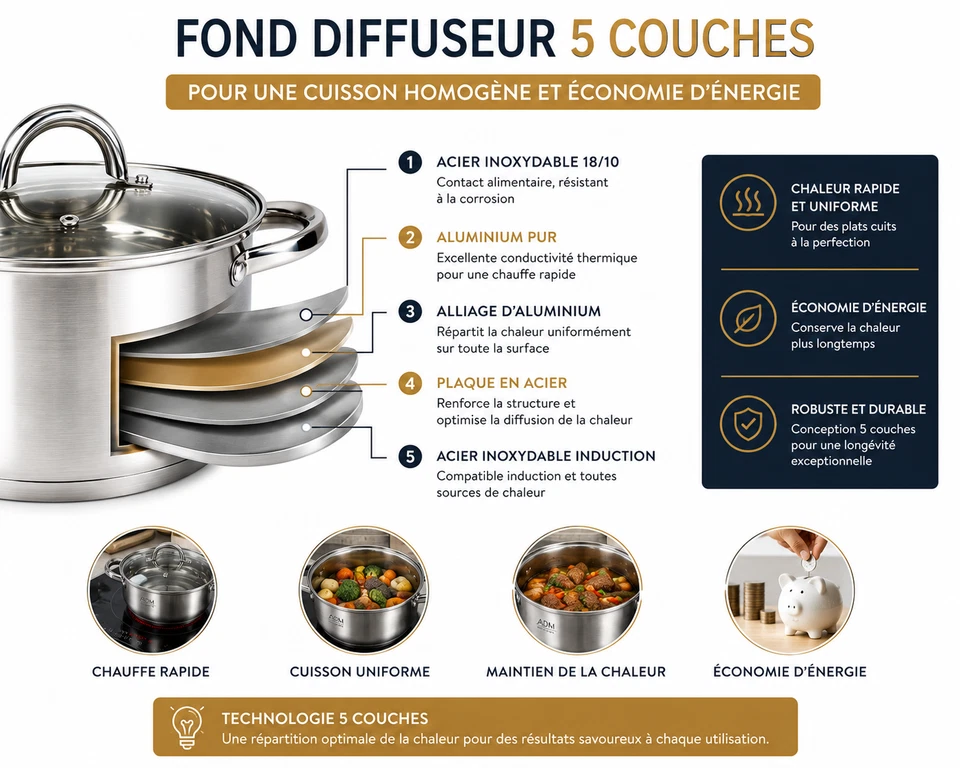 Batterie de cuisine inox 12 pièces - 6 casseroles et poêles avec 6 couvercle - Photo 2/4
