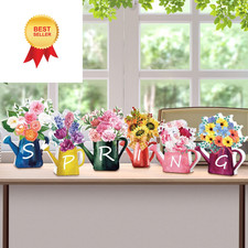 Yookeer 6 Pieces Spring Wood Block Signs Wooden Tabletop Multicolor