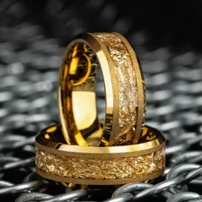 Men's Yellow Gold Leaf Inlay Thungsten Ring Wedding Statement Comfort Fit Band
