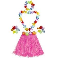 Girl's Elastic Hawaiian Hula Dancer Grass Skirt with Flower Costume Set -Pink